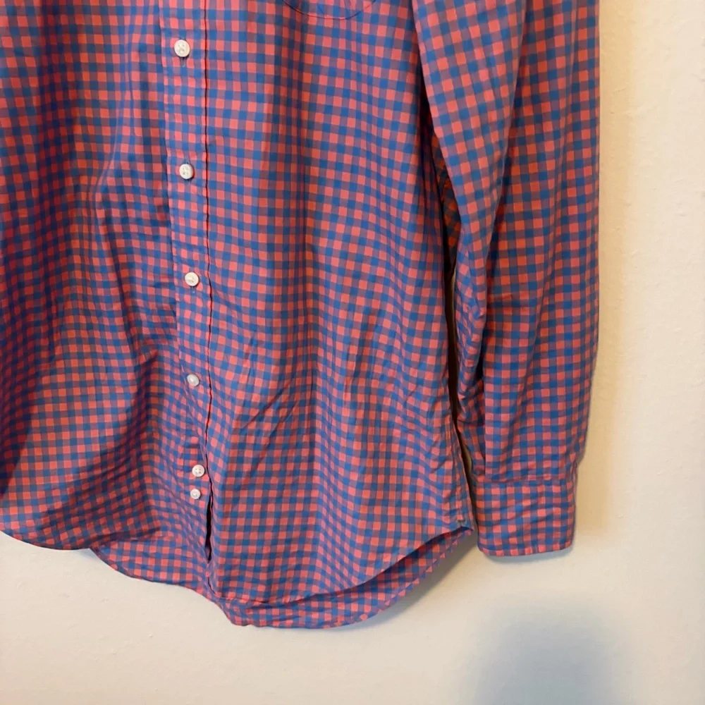 Sid Mashburn Salmon Blue Gingham Button Front Shirt Cotton Small - Picture 2 of 6